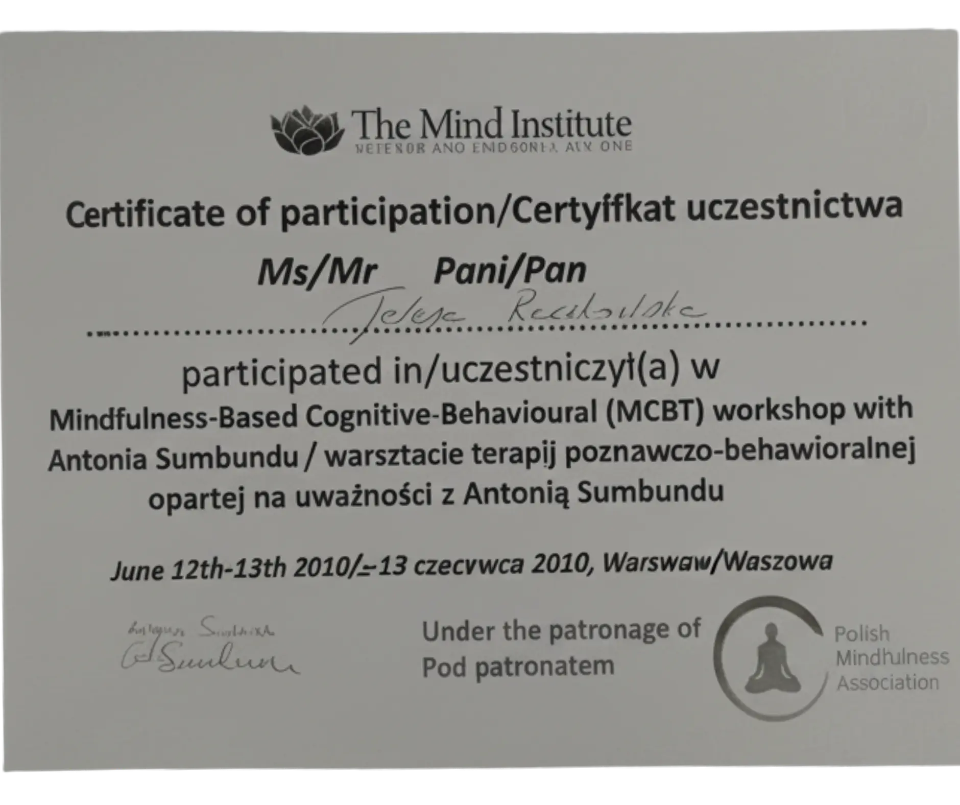 Teresa Raczkowska Dyplom ukończenia szkolenia Mindfulness