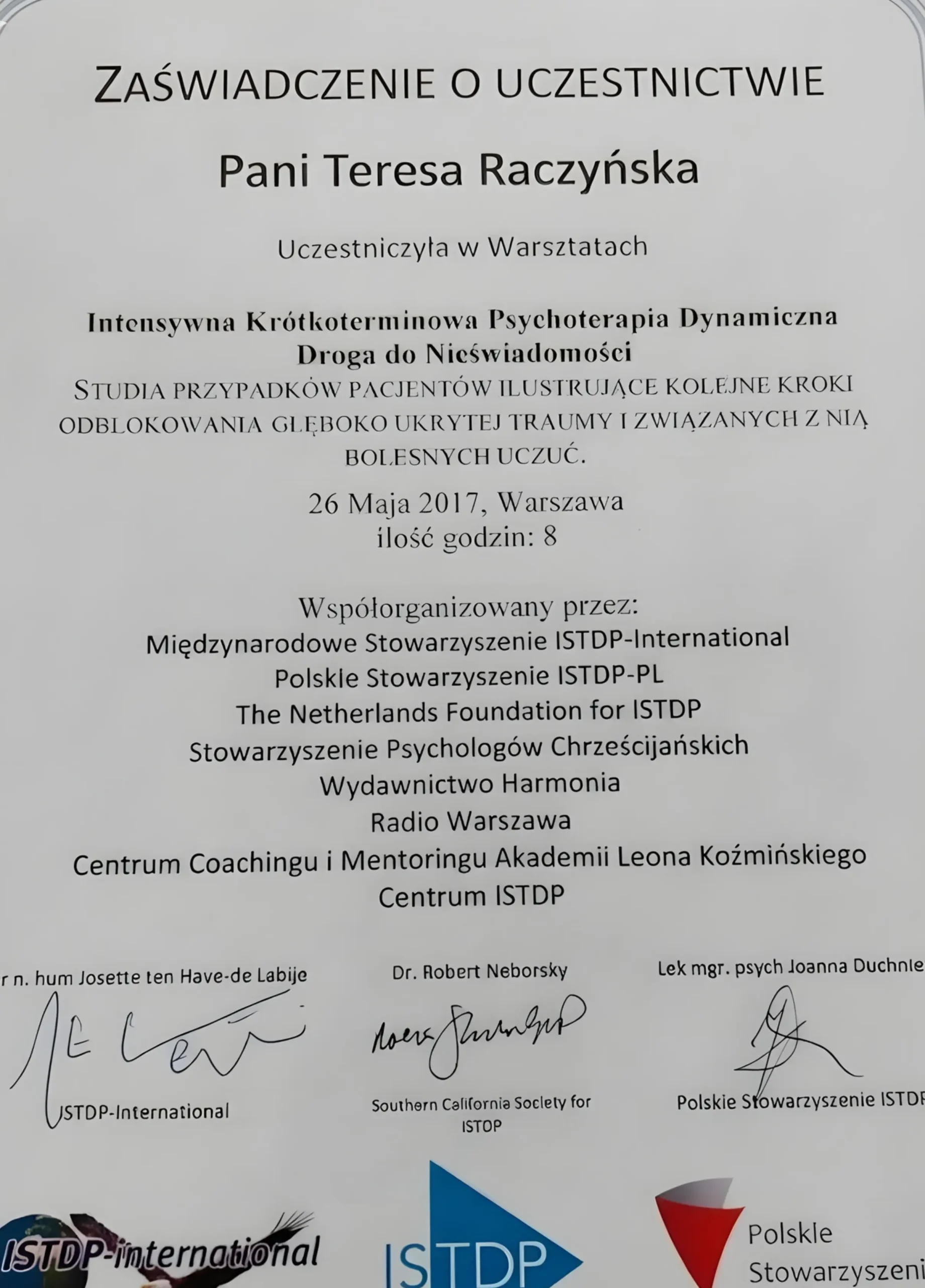 Teresa Raczkowska dyplom ukończenia kursu Psychoterapii Dynamicznej