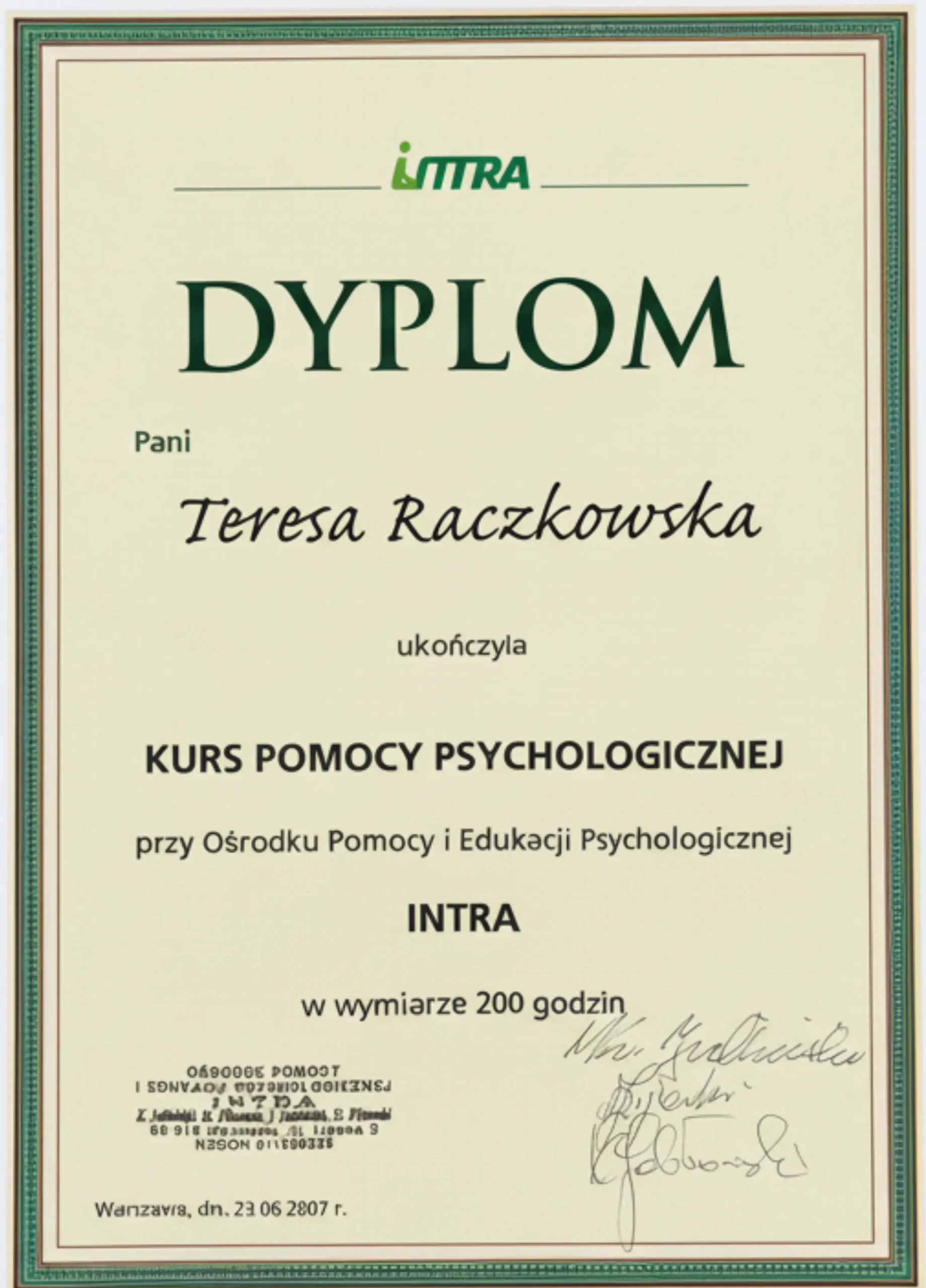 Teresa Raczkowska dyplom ukończenia kursu pomocy psychologicznej