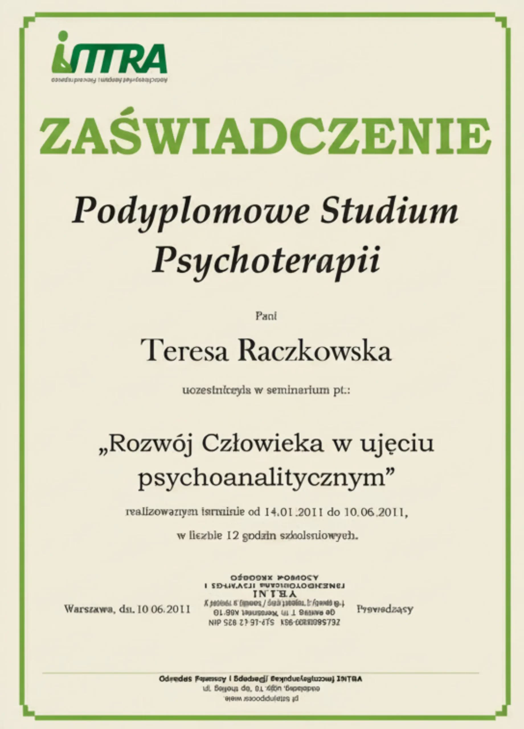 Teresa Raczkowska dyplom ukończenia podyplomowego studium psychoterapii