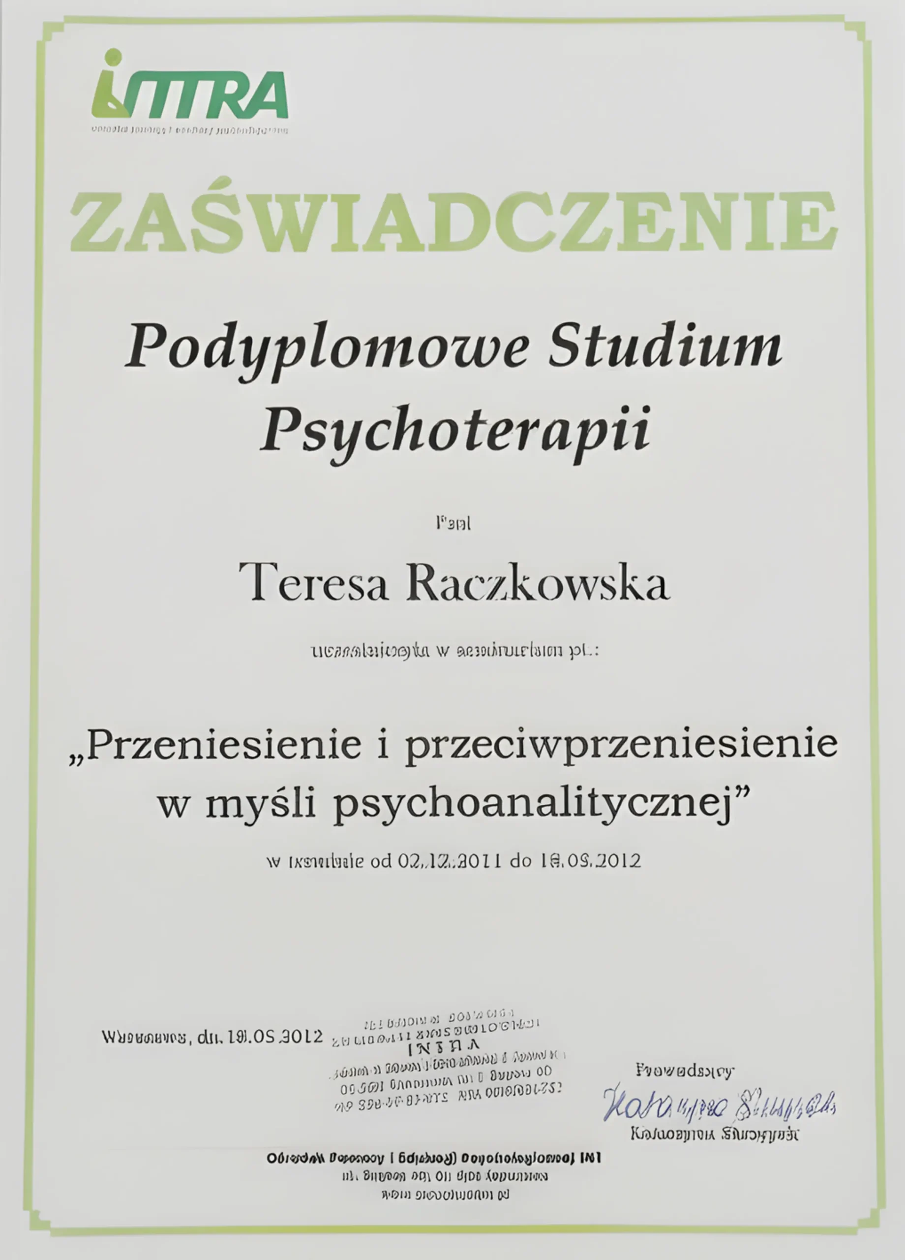 Teresa Raczkowska dyplom ukończenia podyplomowego studium psychoterapii