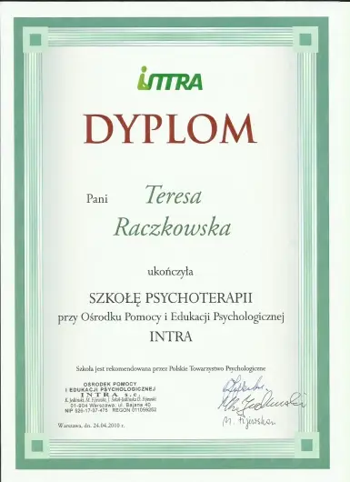 Teresa Raczkowska dyplom ukończenia szkoły psychoterapii